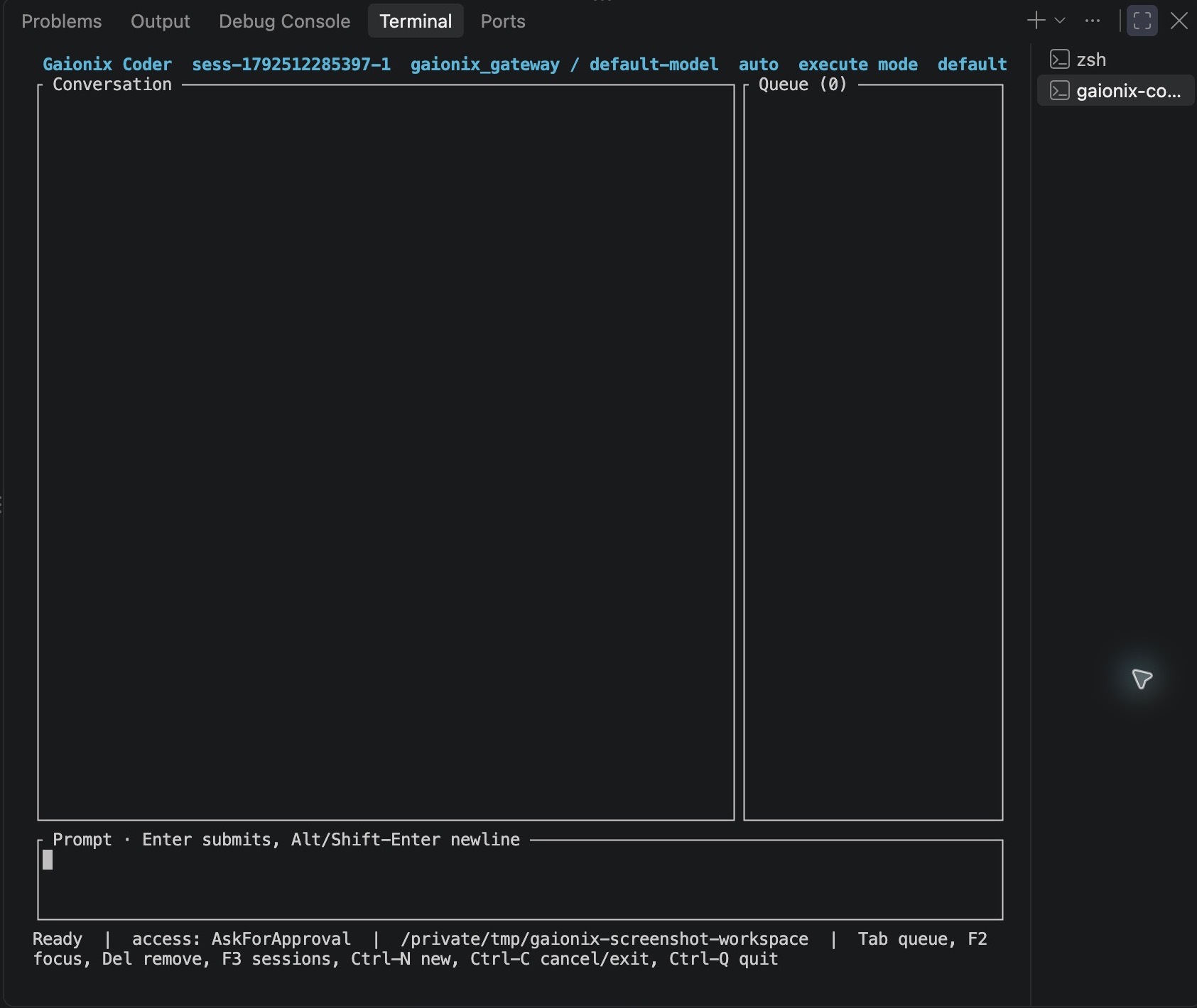 Screenshot asli Gaionix Coder TUI di terminal VS Code dengan panel percakapan, antrean, dan composer prompt kosong