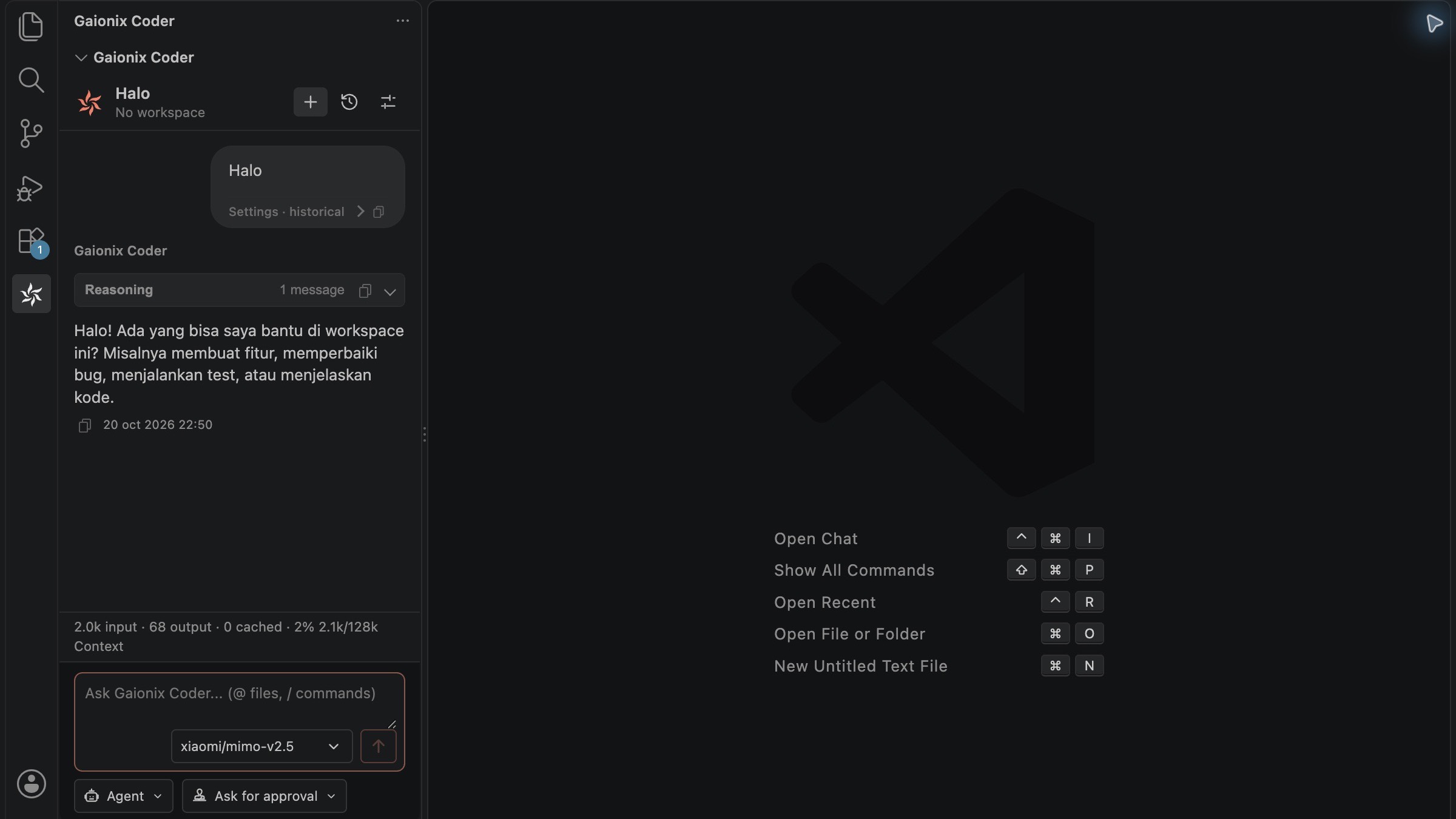 Screenshot asli Gaionix Coder untuk VS Code dengan potongan kode dan percakapan baru yang membalas Halo